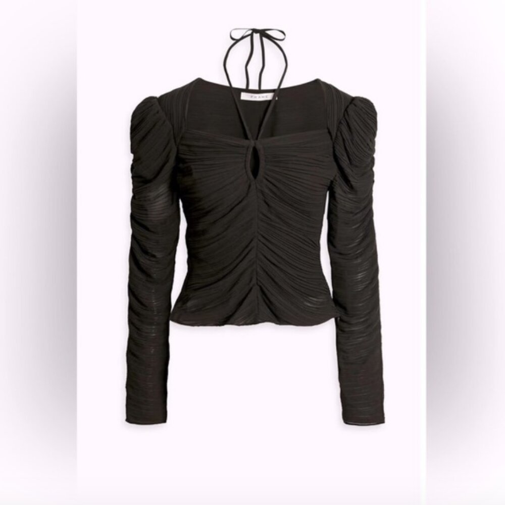 FRAME (NWT) Gathered Keyhole Tie Neck Top, Plissé-Crepe, Size L - Picture 2 of 16